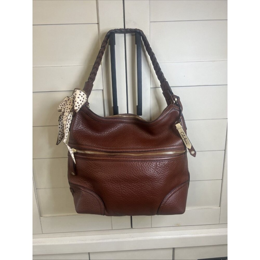 Cole Haan Pebbled Leather Hobo Shoulder Bag Brown-Braided Handle-Slouchy Purse